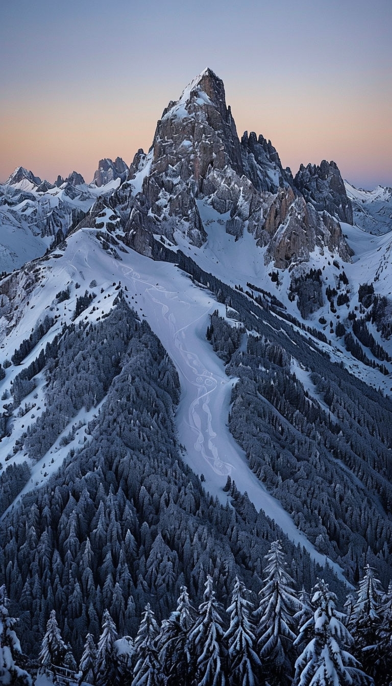 Majestic Twilight Mountain Range with Snowy Forest Background Mobile Wallpaper