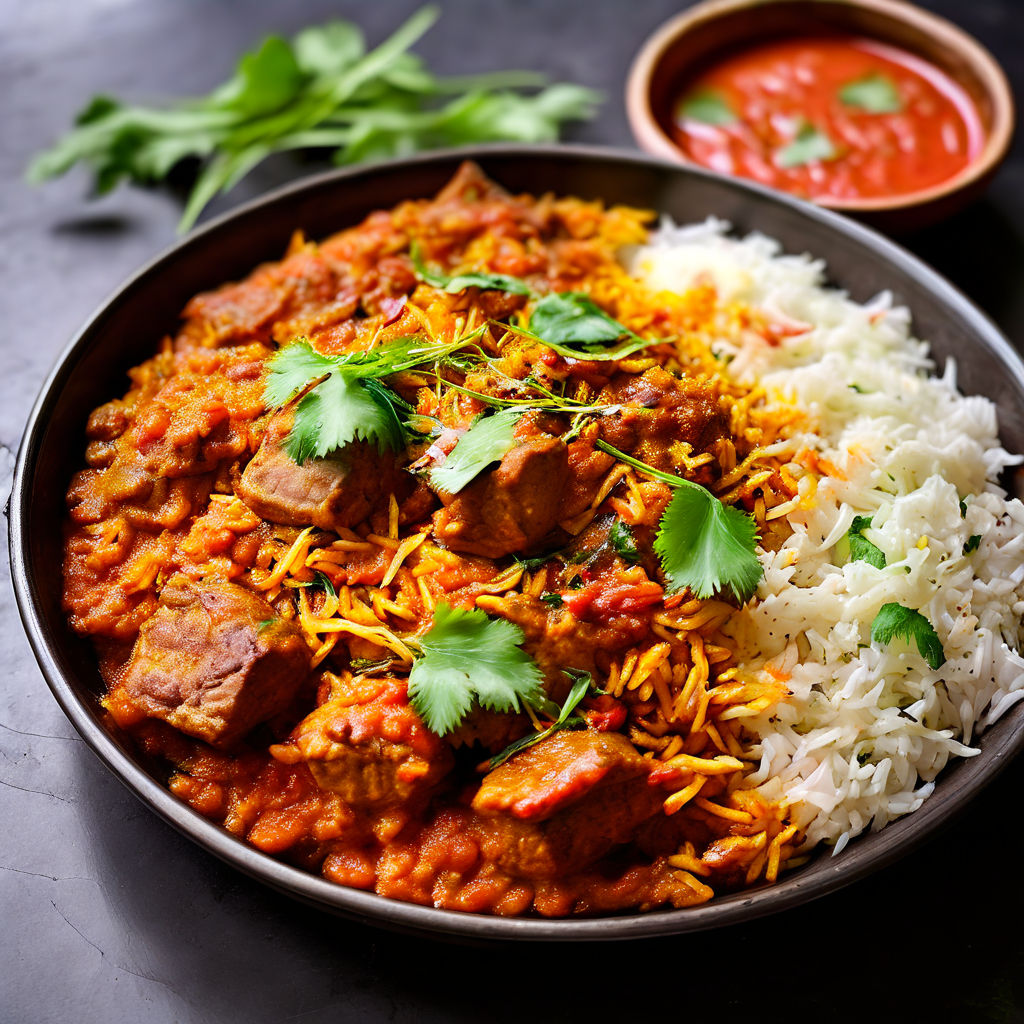 An Indian rice dish with a side of meat sauce by Samer Ameen - Playground