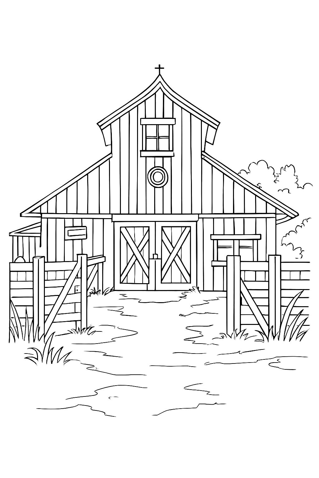 Black and White Barn Scene Line Drawing for Coloring Book Pages