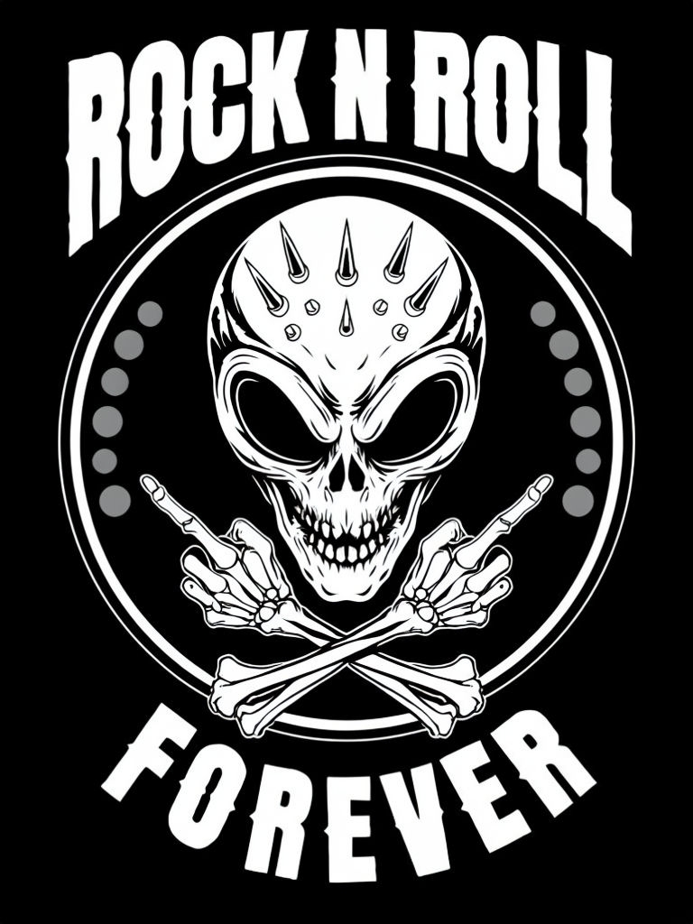 Aggressive Alien Skull Rock N Roll Forever Graphic T-Shirt