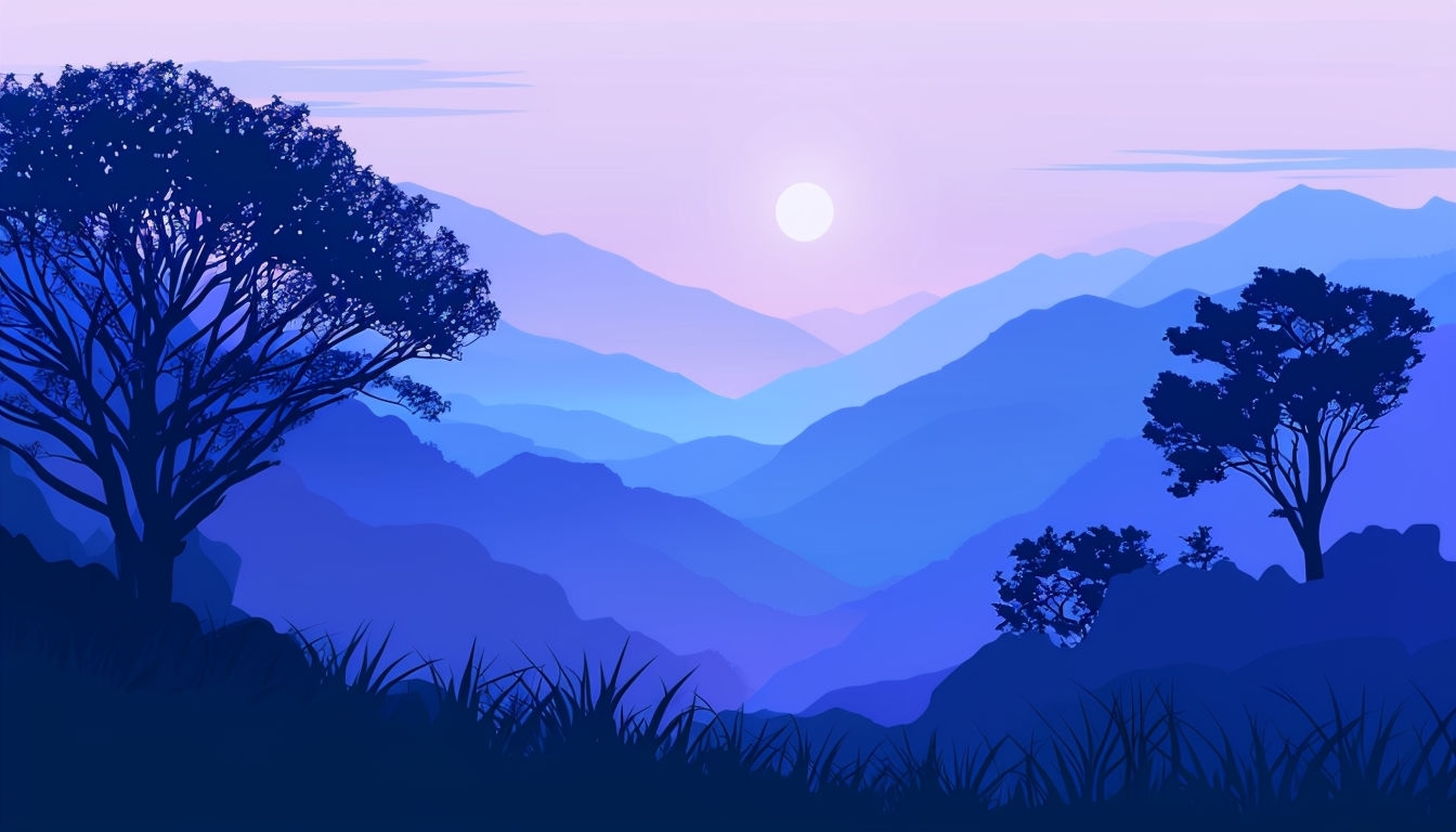 Serene Dusk Landscape with Trees and Mountains Virtual Background