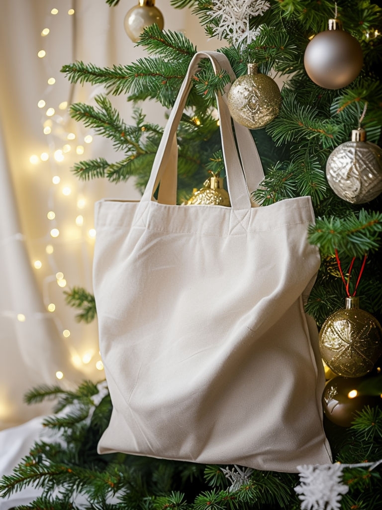 Charming Holiday Tote Bag Hanging on Christmas Tree Decor Mockup