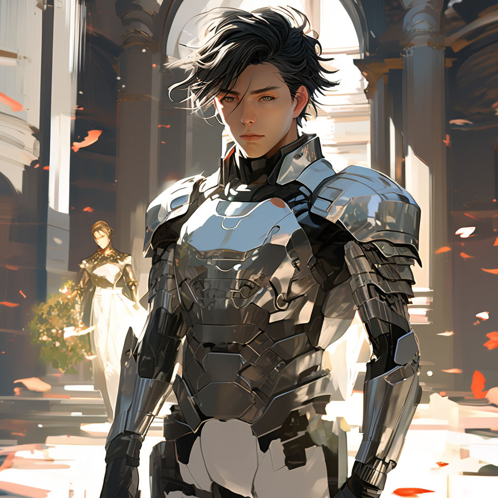 A anime boy in a suit of cybernetic armor and augmentations