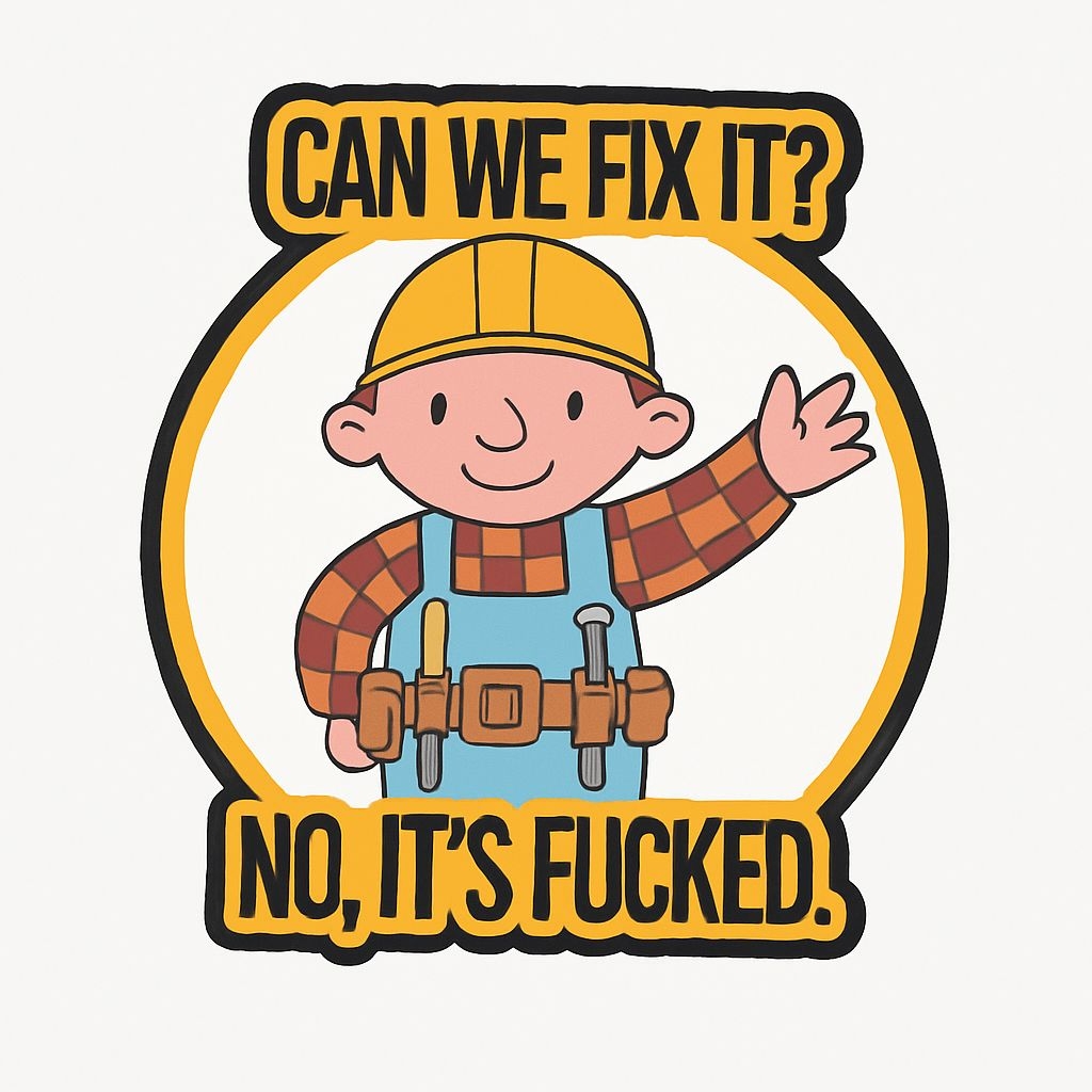 Playful Construction Worker Cartoon with Humorous Text Sticker