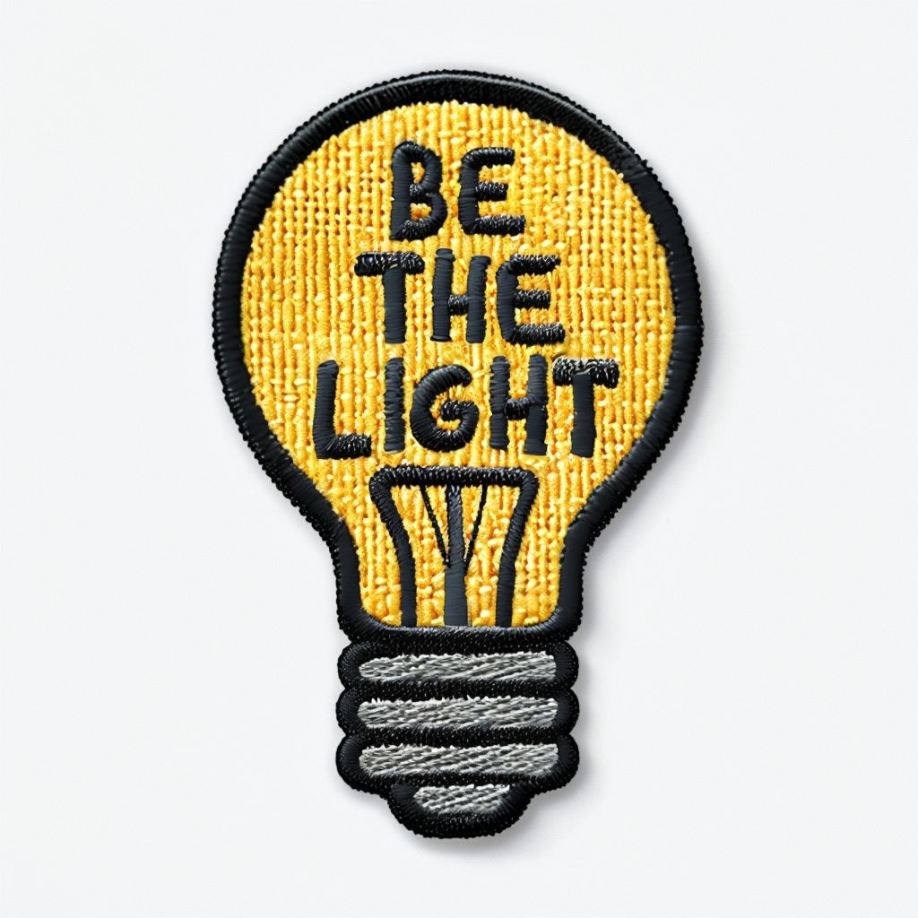 Whimsical Light Bulb Embroidered Patch with 'Be The Light' Design for Hats