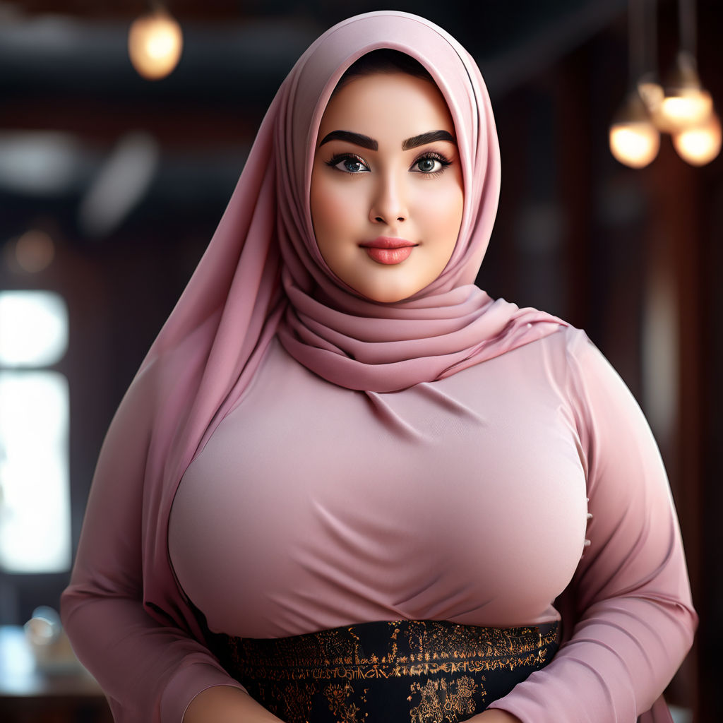 An excellent portrait of an Erotic busty temptress with a Beautiful curvy  body in muslim hijab