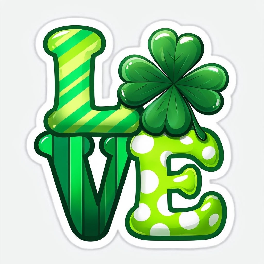 Vibrant Cartoon LOVE Illustration with Four-Leaf Clover Sticker