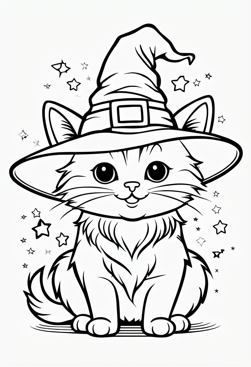 Happy Black Cat in Witch Hat Coloring Book Page