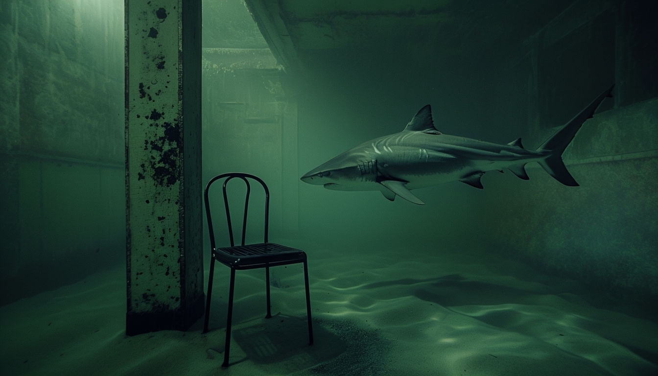 Eerie Underwater Scene in Abandoned Building Background