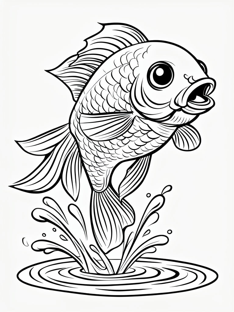 Playful Cartoon Goldfish Jumping Out of Water Coloring Page