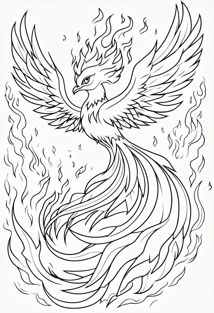 Majestic Cartoon Phoenix Line Drawing for Coloring Book Pages