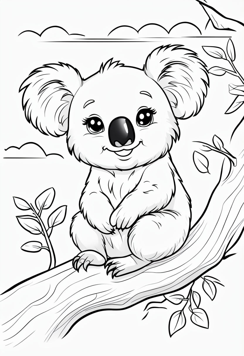 Cute Koala Cartoon Sitting on Tree Branch Coloring Page