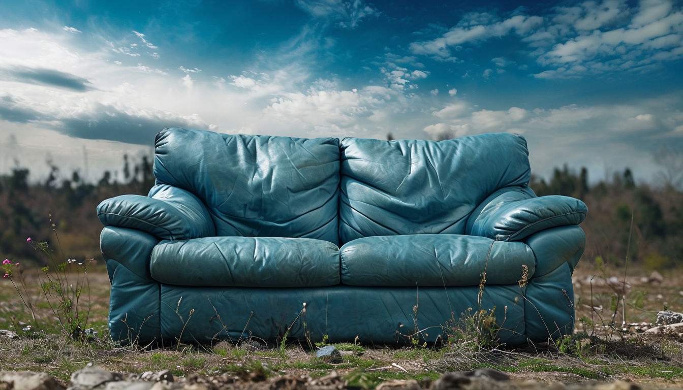 Surreal Teal Couch in Open Field Natural Landscape Background