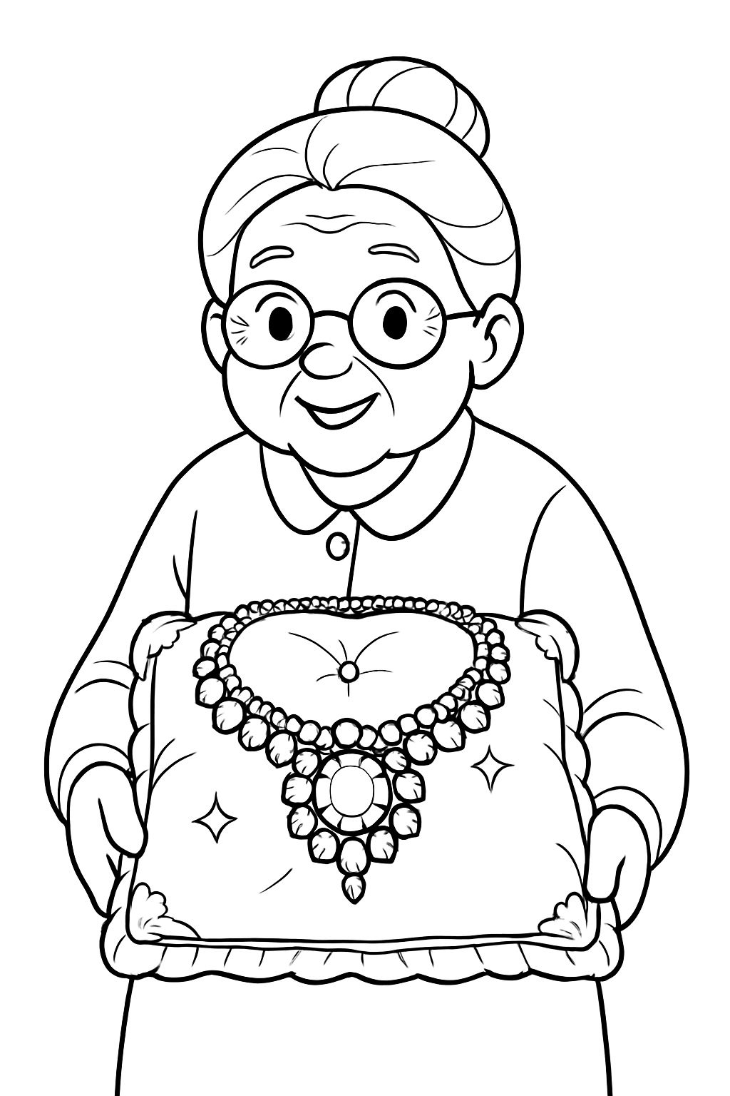 Cheerful Elderly Woman Holding Decorative Pillow Coloring Book Page