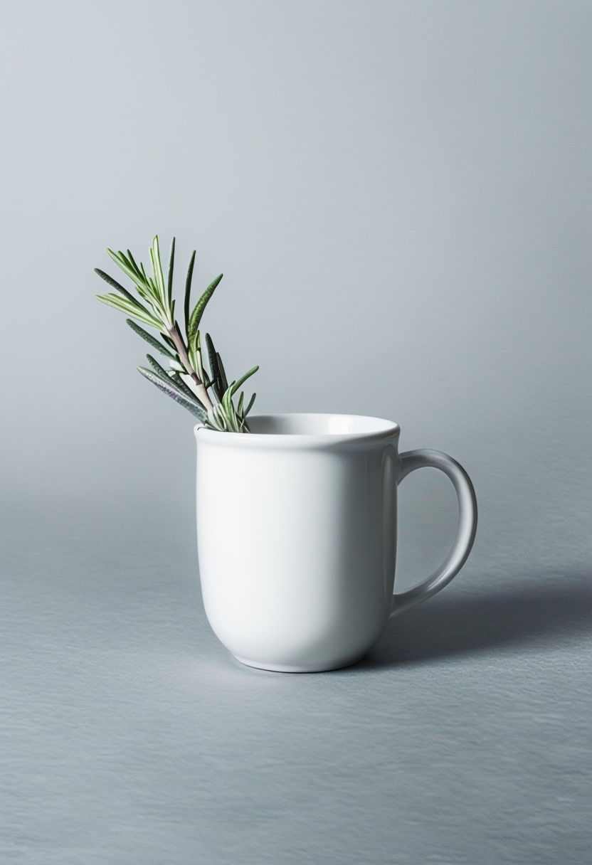 Minimalist White Ceramic Mug with Rosemary Photograph Art