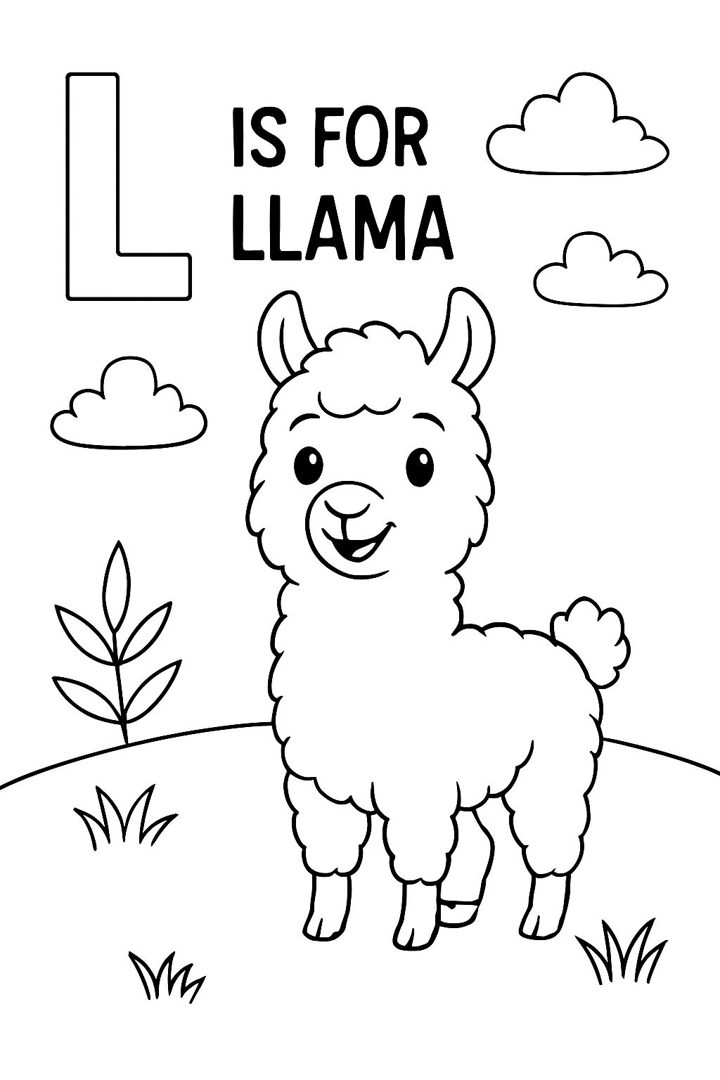 Cute Fluffy Llama Coloring Page with Educational Text Illustration Coloring Book Pages