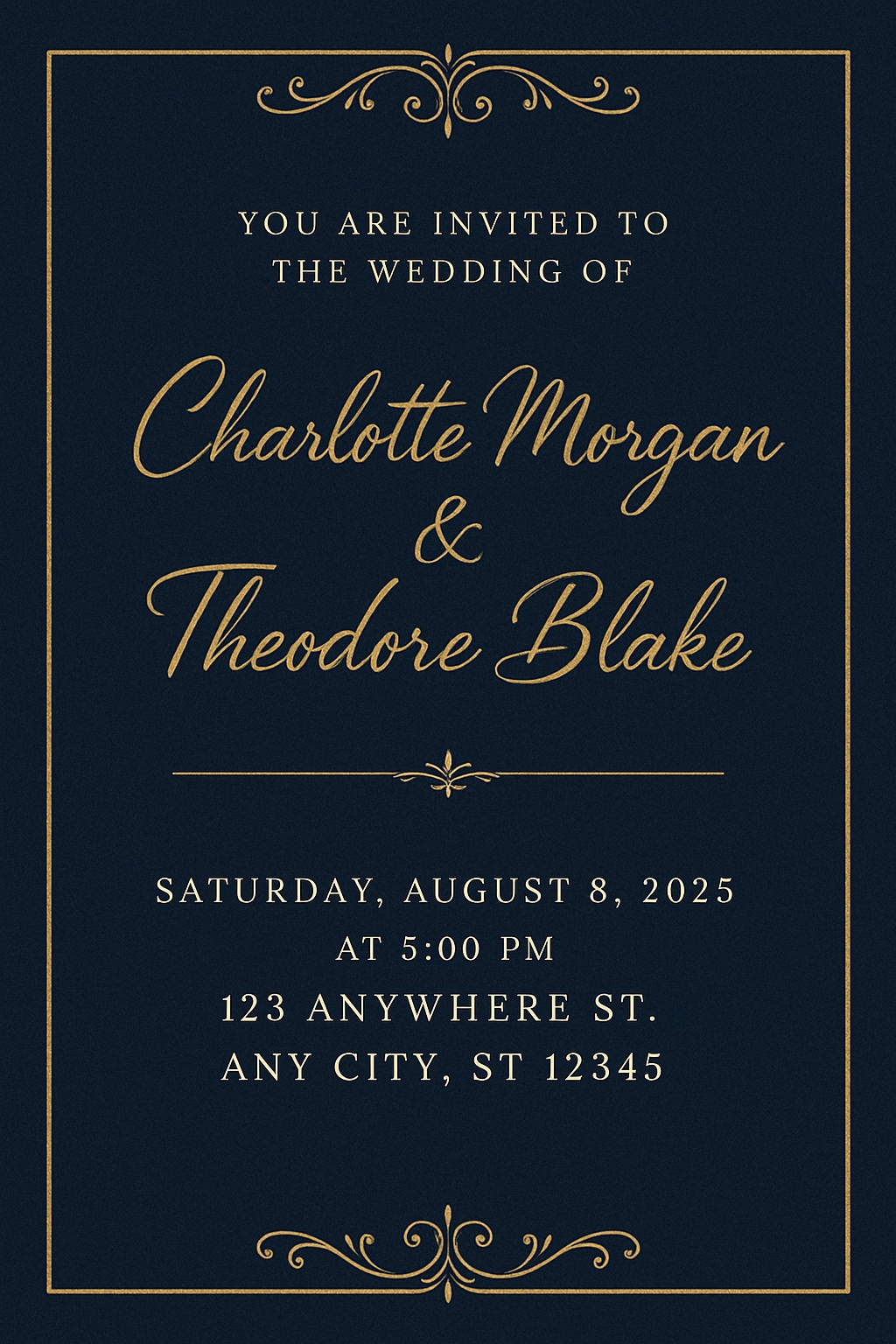 Elegant Navy Blue & Gold Wedding Invitation Design Card
