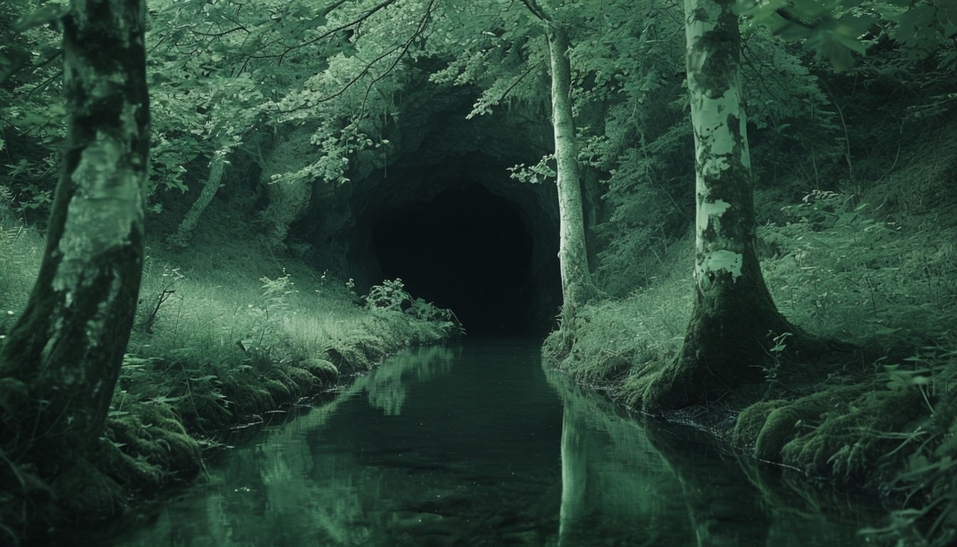 Serene Enigmatic Forest Pathway Leading to Dark Cave Virtual Background