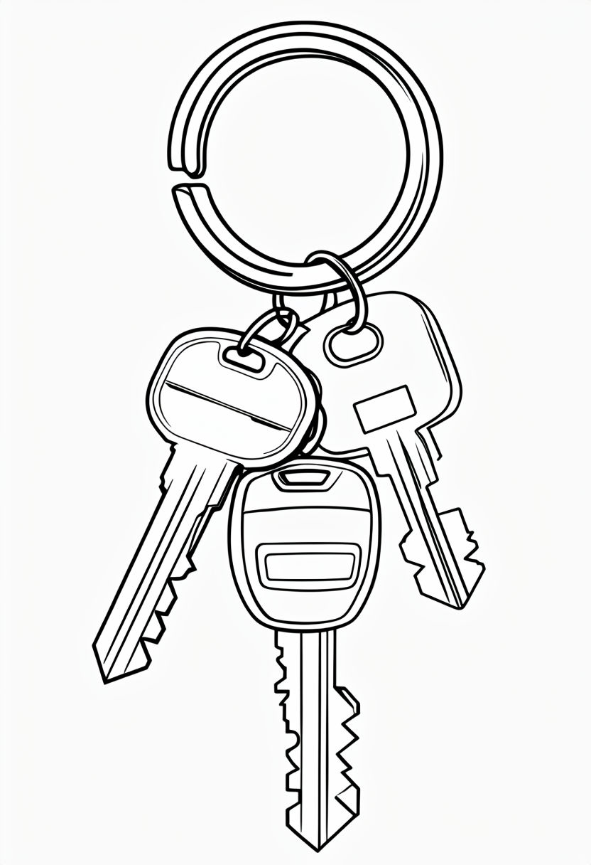 Simple Black and White Key Shapes Line Drawing Coloring Book Pages
