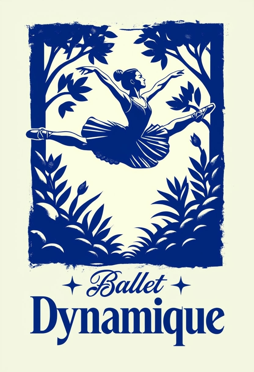 Dynamic Ballerina Split Leap with Elegant Blue Foliage Poster