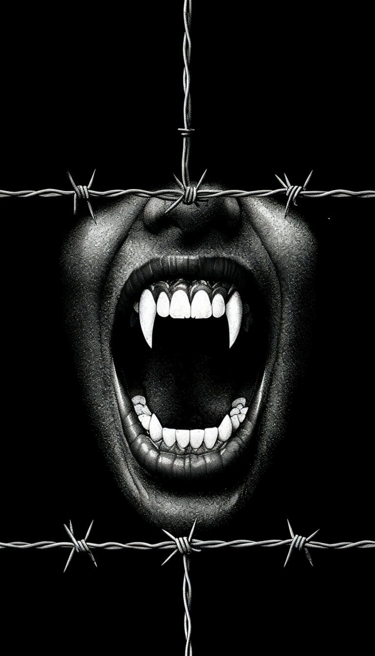 Dramatic Black and White Human Mouth with Fangs Art