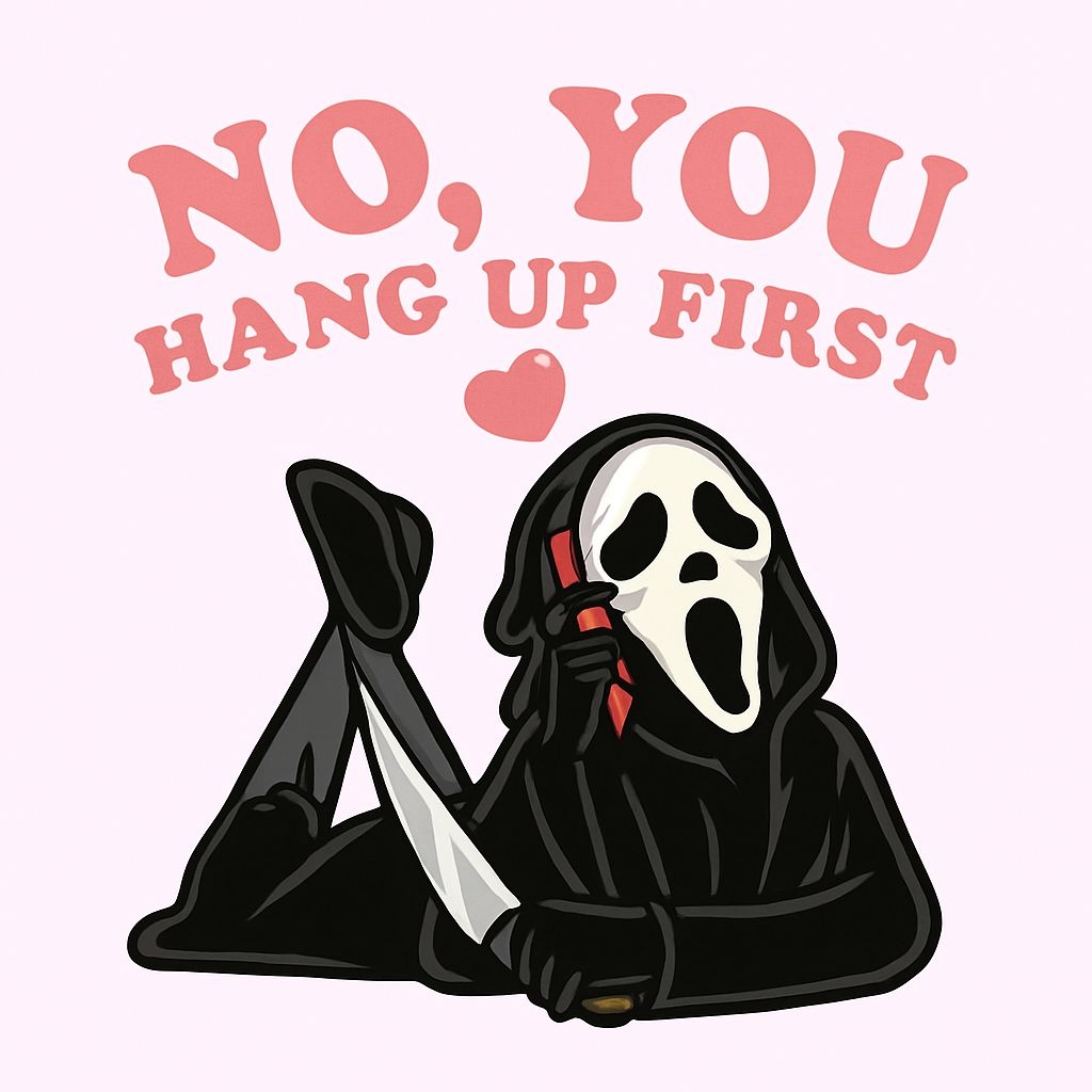 Ghostface Relaxed Pose with Playful 'No, You Hang Up First' Design T-Shirt