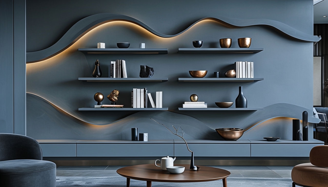 Sophisticated Modern Interior Design with Shelving Unit Art