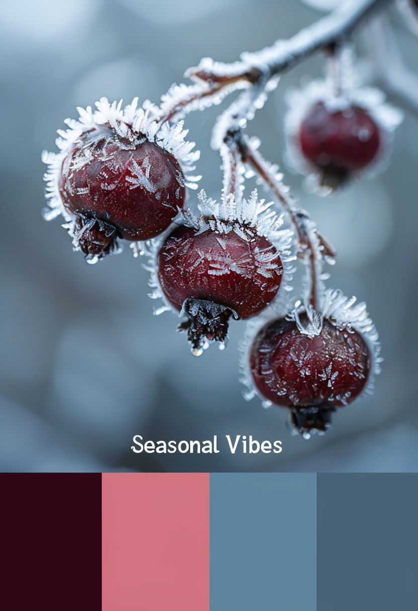 Frosted Dark Red Berries Macro Photography Art