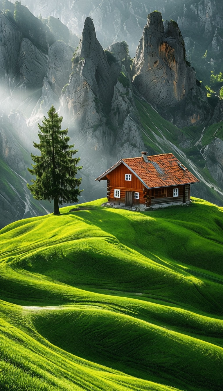 Rustic Cabin Surrounded by Lush Green Hills and Rocky Background Mobile Wallpaper