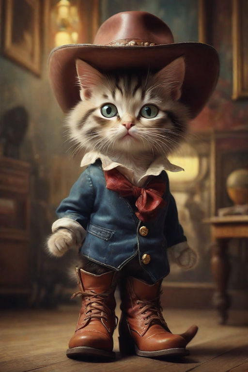 make a cute little cat and the cat is grey and has grey eyes The cat sits on the couch and has a cowboy hat Playground