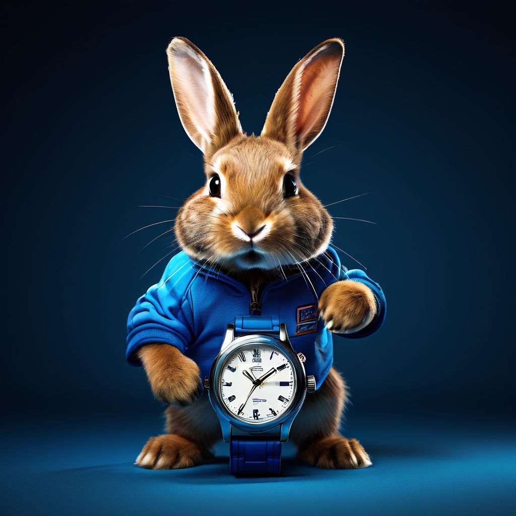 Cute neopunk lovely fluffy running bunny dressed in blue jacket with golden  watch