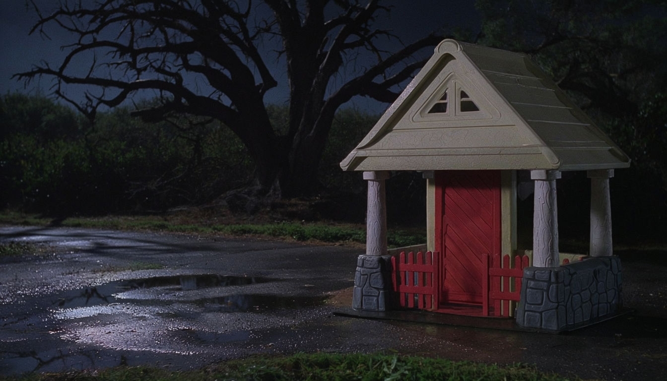 Haunting Moonlit Playhouse Scene in Dim Atmosphere Background
