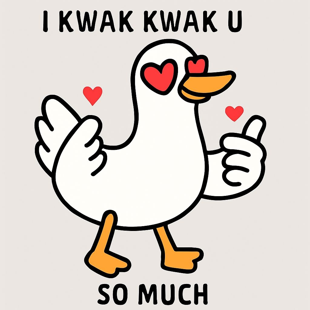 Cheerful Cartoon Duck with Heart Eyes and Text Sticker