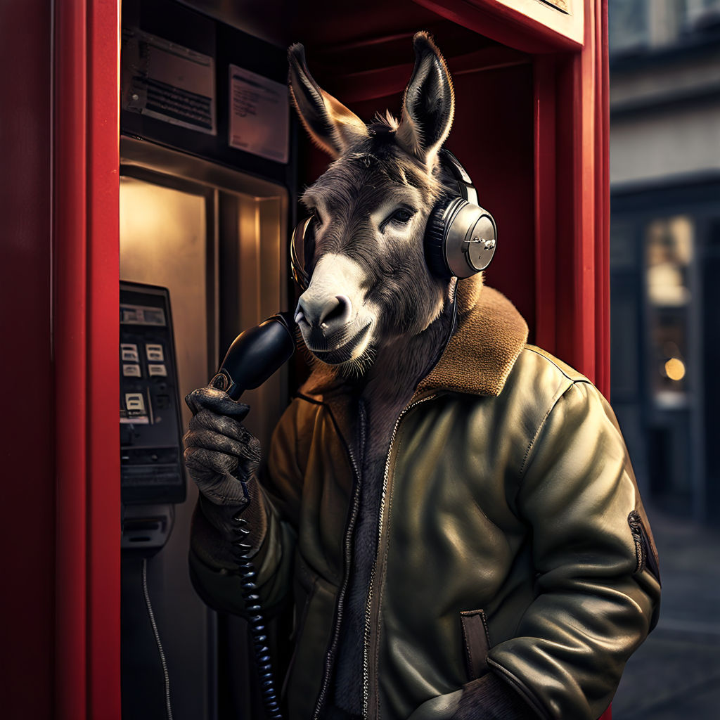 A donkey holds a telephone receiver to his ear in a phone bo... by Muly ...