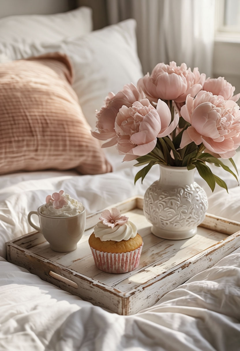 Cozy Breakfast in Bed Scene with Flowers and Cupcake Art