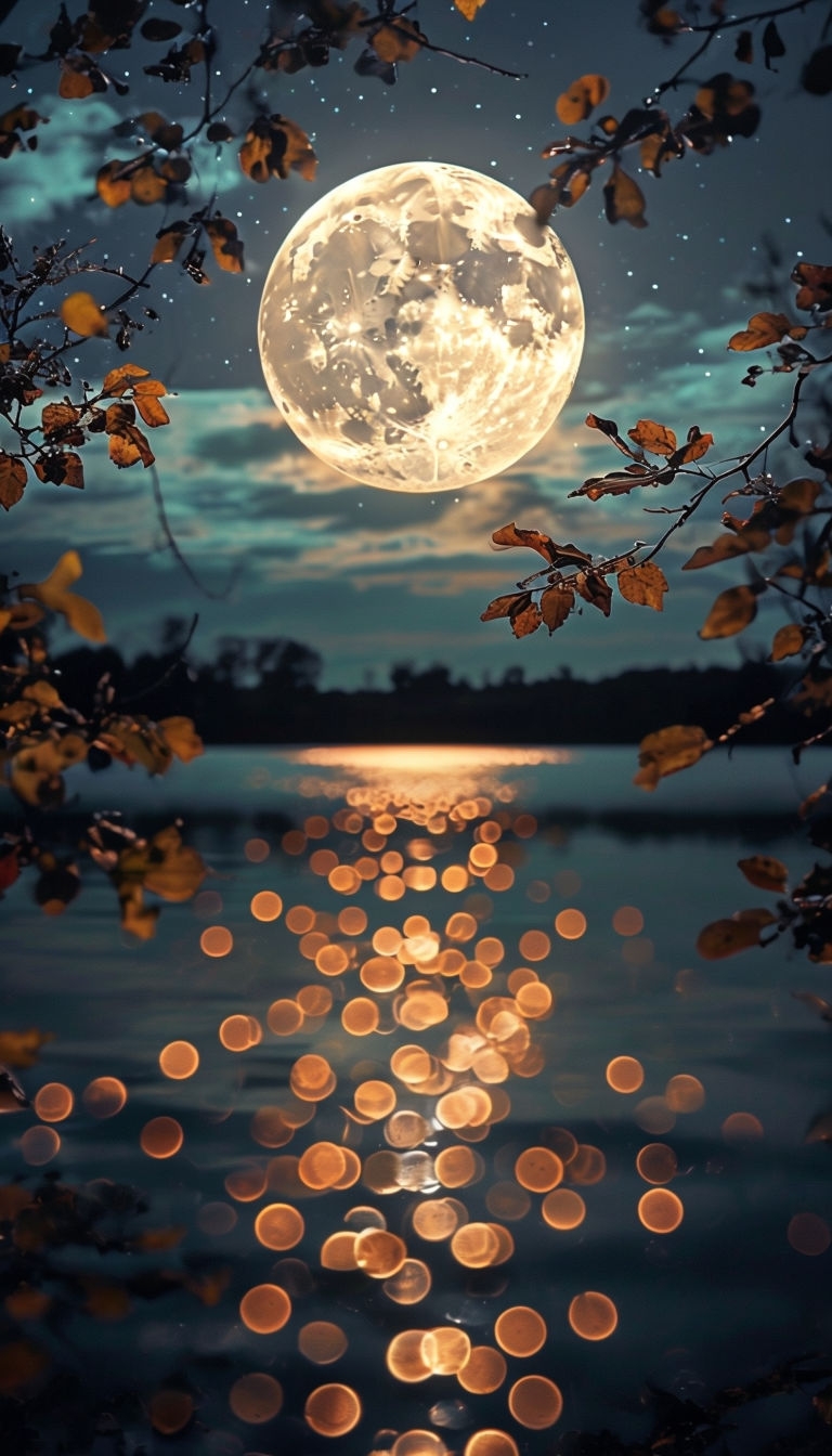 Enchanting Nighttime Landscape with Full Moon and Bokeh Reflection Mobile Wallpaper