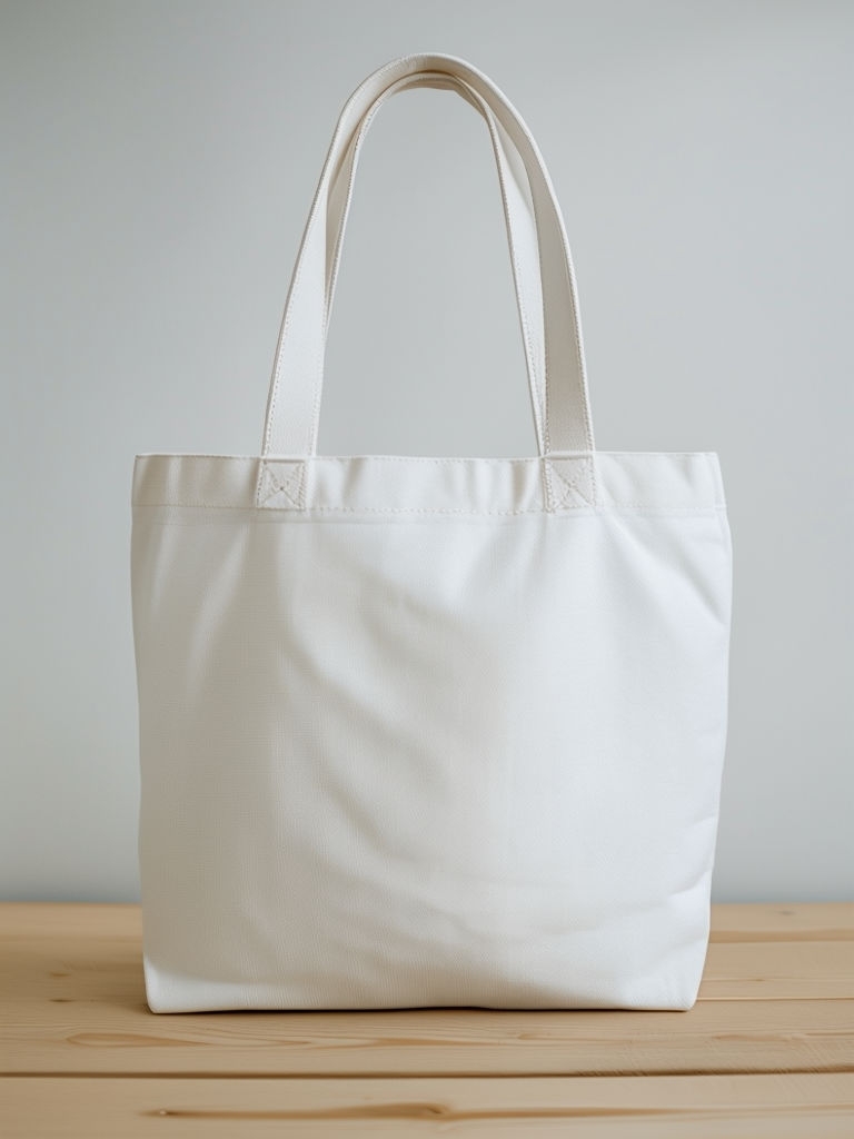 Minimalist White Reusable Tote Bag on Beige Wood Surface Mockup