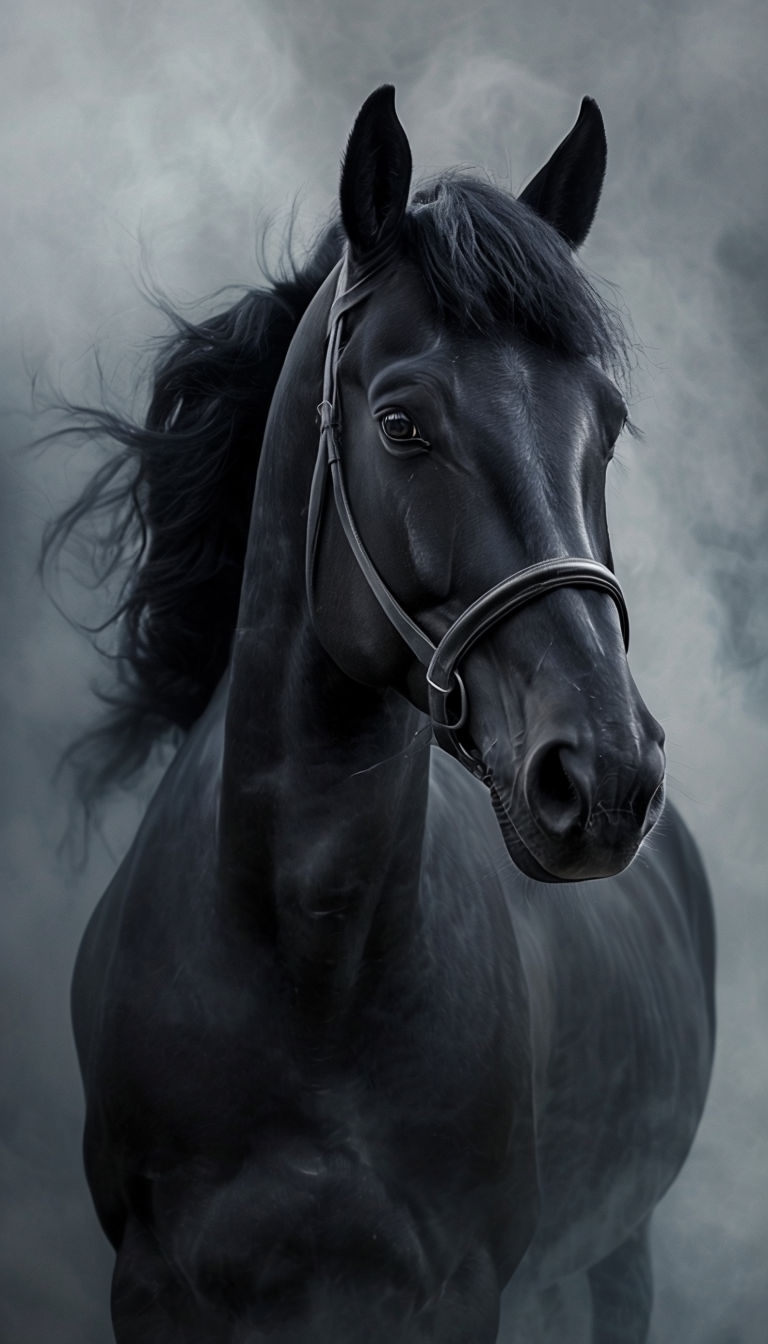 Majestic Black Horse Portrait with Ethereal Background Mobile Wallpaper