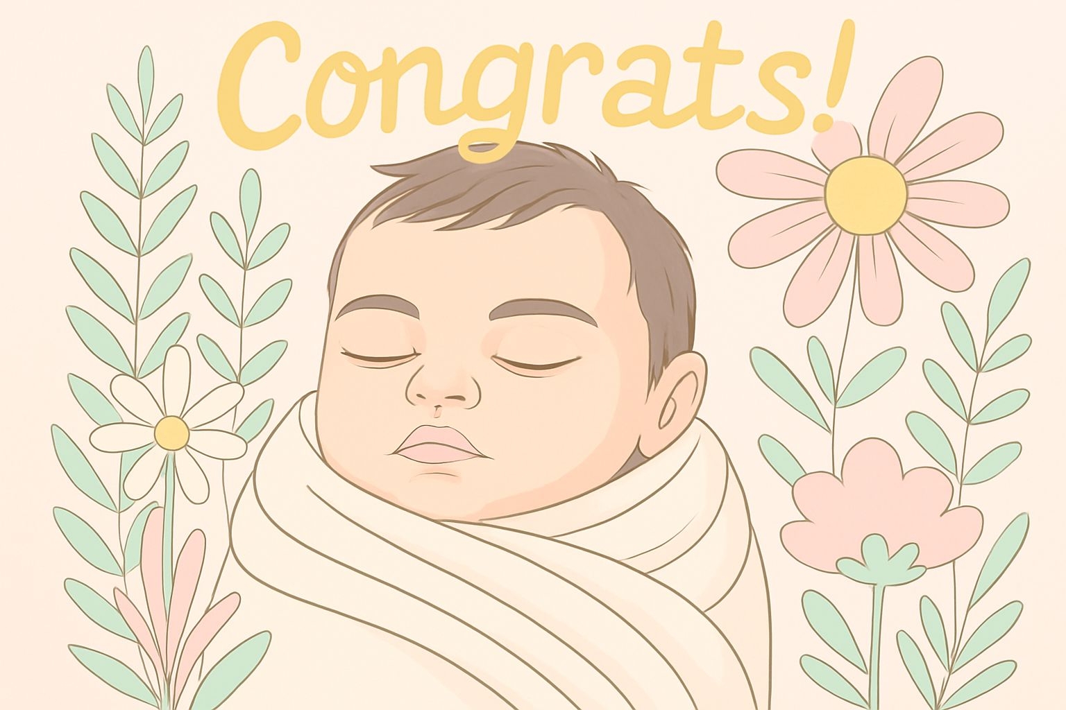 Peaceful Baby Surrounded by Floral Elements Congratulations Card