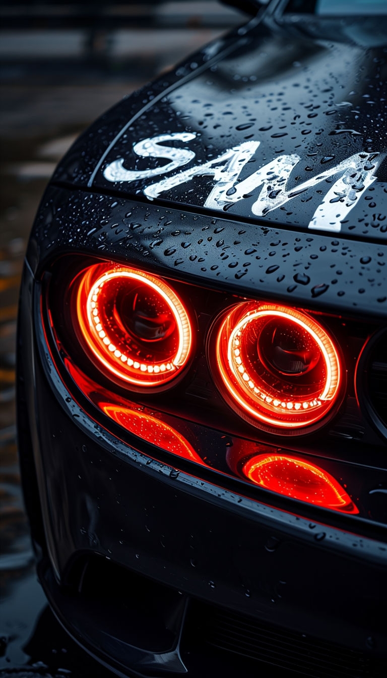 Sleek Black Car with Vibrant Red LED Headlights Mobile Wallpaper