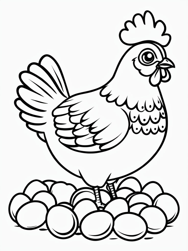 Cartoon Chicken on Egg Pile Minimalist Coloring Page