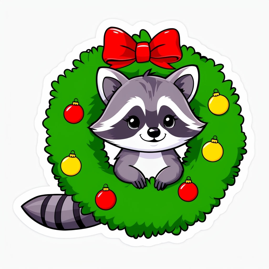 Cute Cartoon Raccoon with Christmas Wreath Sticker