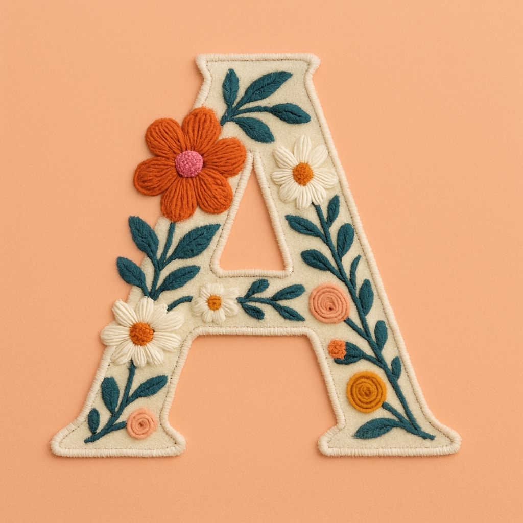 Embroidered Floral Letter A Patch Art on Light Peach Background Monogram