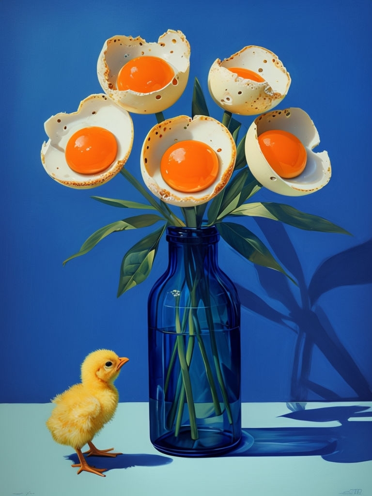 Whimsical Surreal Still Life of Eggs in Blue Glass Bottle Poster