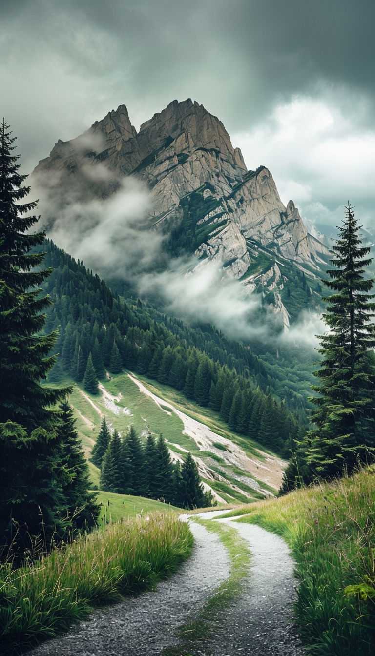 Tranquil Mountain Landscape with Evergreen Trees Mobile Wallpaper