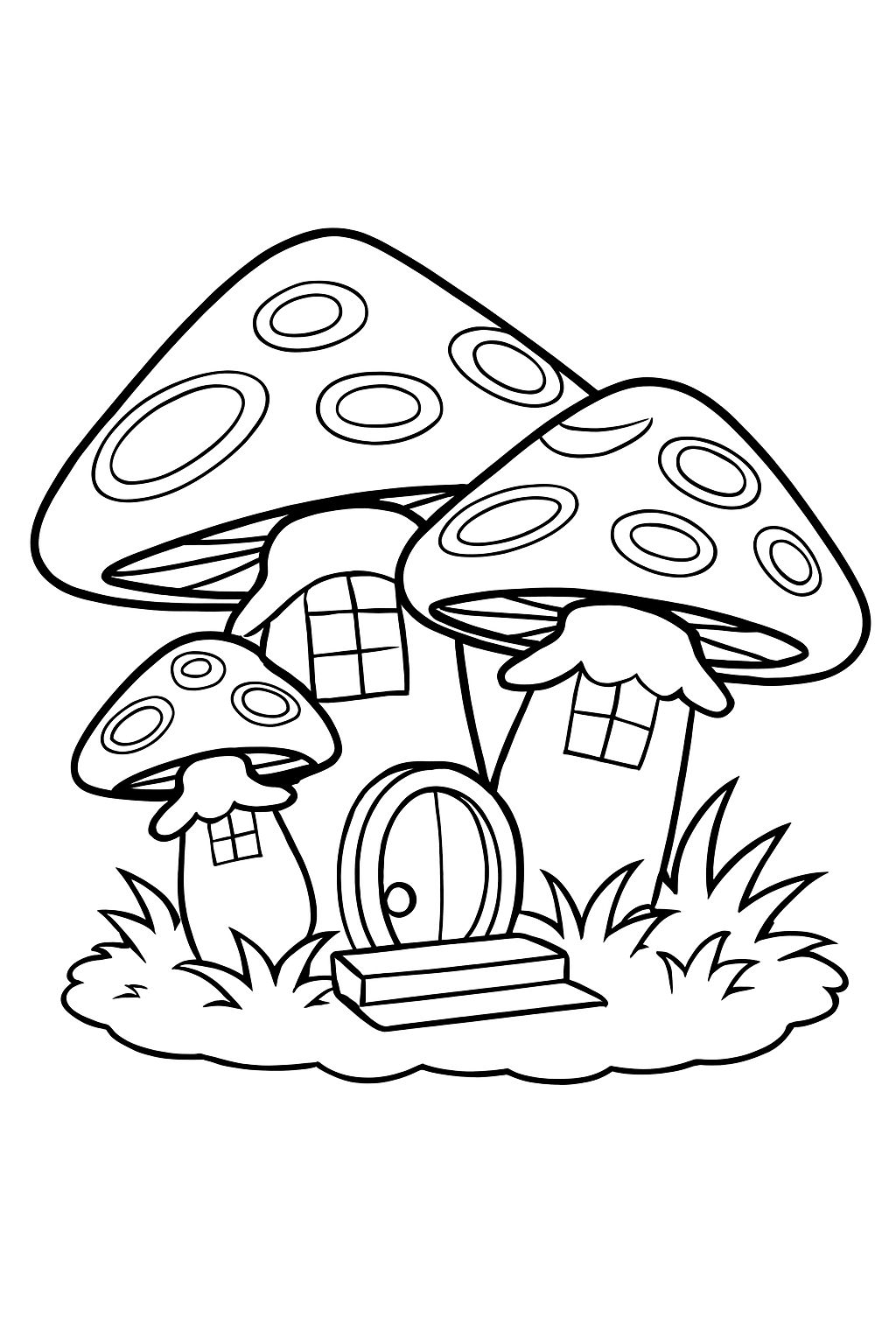 Whimsical Cartoon Mushroom House Cluster Coloring Book Page