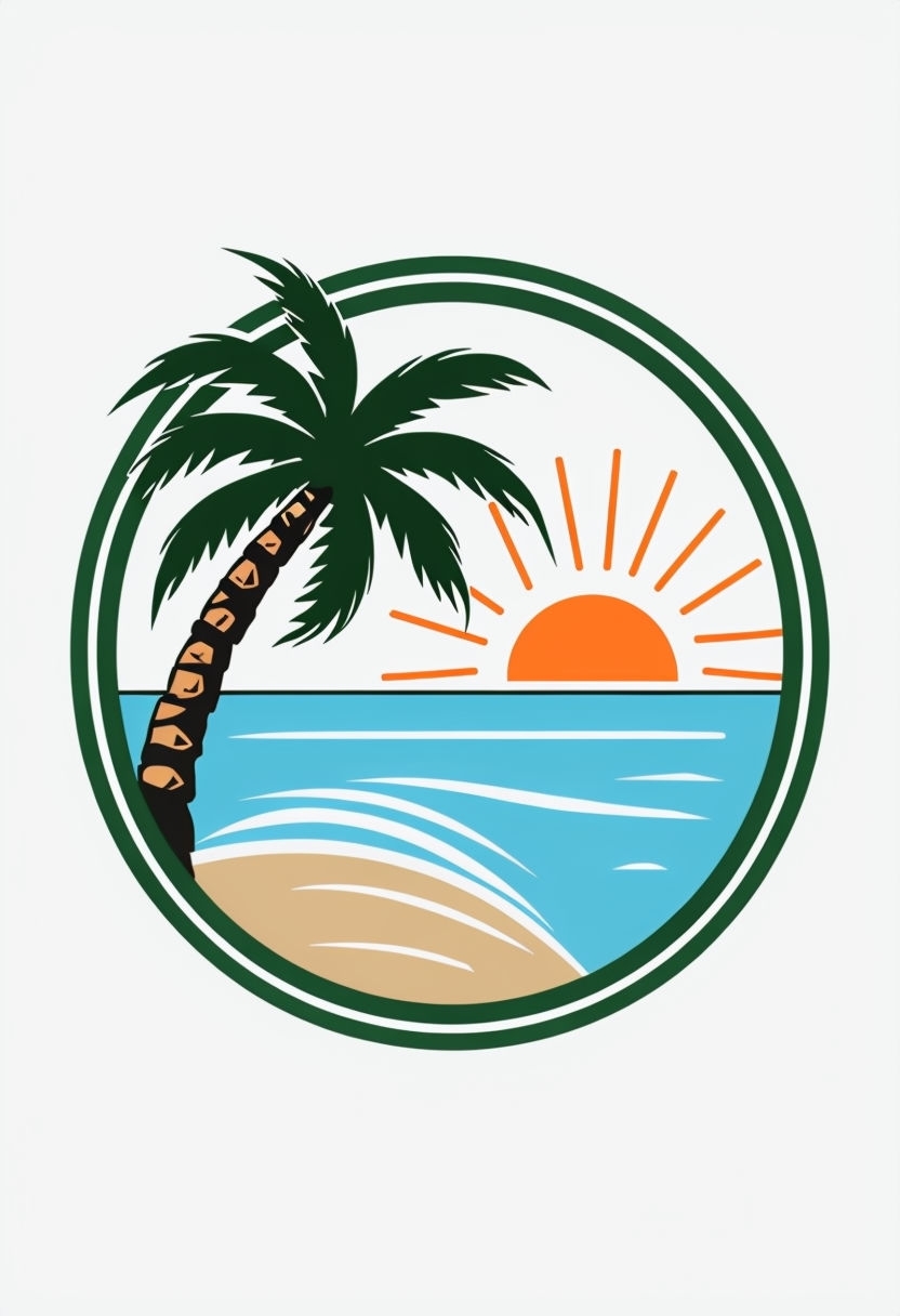 Vibrant Tropical Emblem with Palm Tree and Suns Sticker