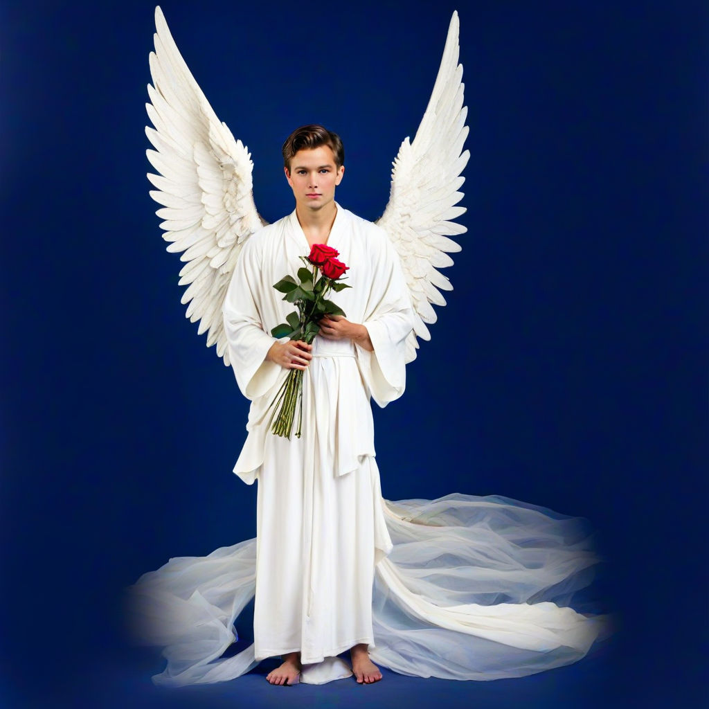 Male angel wearing white robe holding 3 roses by Tech Method - Playground