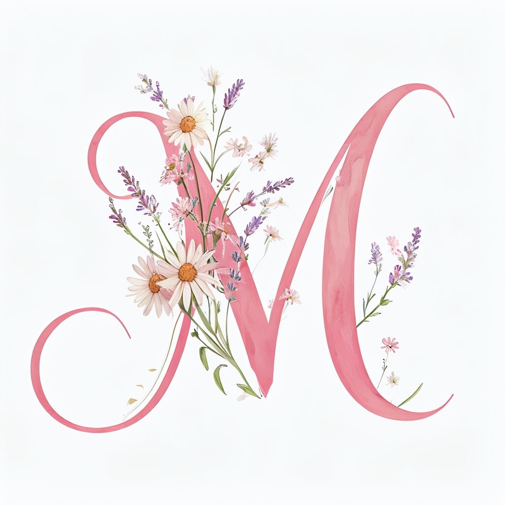 Delicate Floral Monogram Letter M with Wildflowers Design Monogram