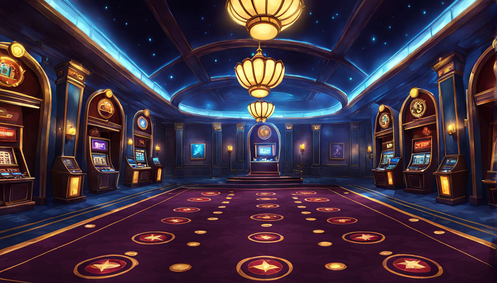 Game art, game ui background, casino empty hall interrior, night time, warcraft, GTA, pixar cartoon style